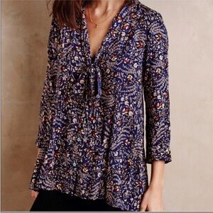 Maeve Anthropologie Tie Neck Swing Blouse Floral